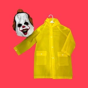 Adult IT Pennywise mask, kids Georgie yellow raincoat size 5/6, NEW never worn
